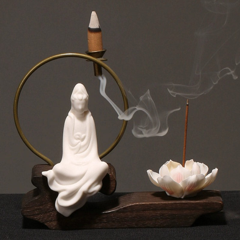 Quemador de incienso de meditación curativa de loto de cerámica con Buddha Stones , decoración