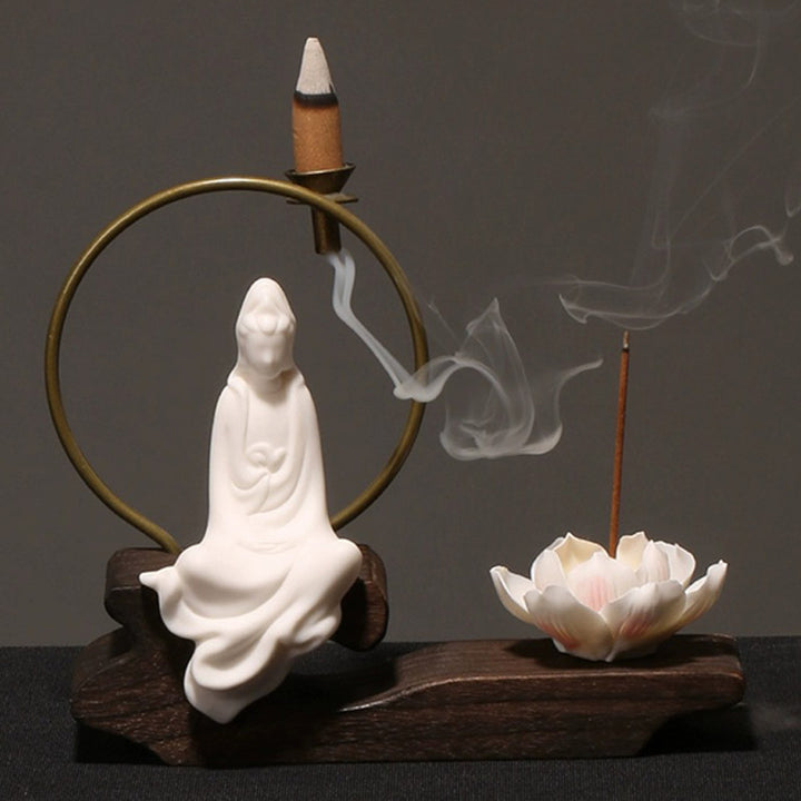 Quemador de incienso de meditación curativa de loto de cerámica con Buddha Stones , decoración