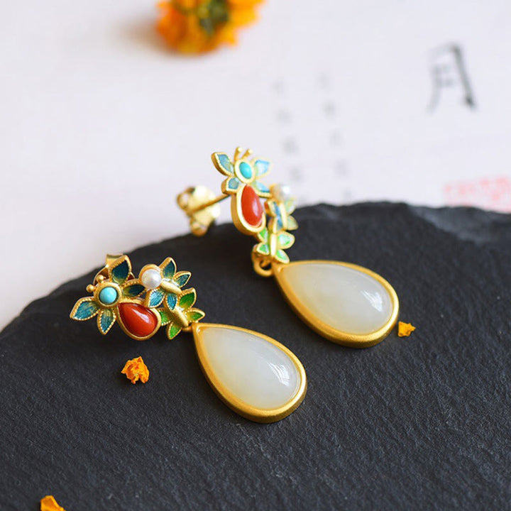 Pendientes colgantes con forma de gota de agua , Buddha Stones , Jade blanco, ágata roja, mariposa