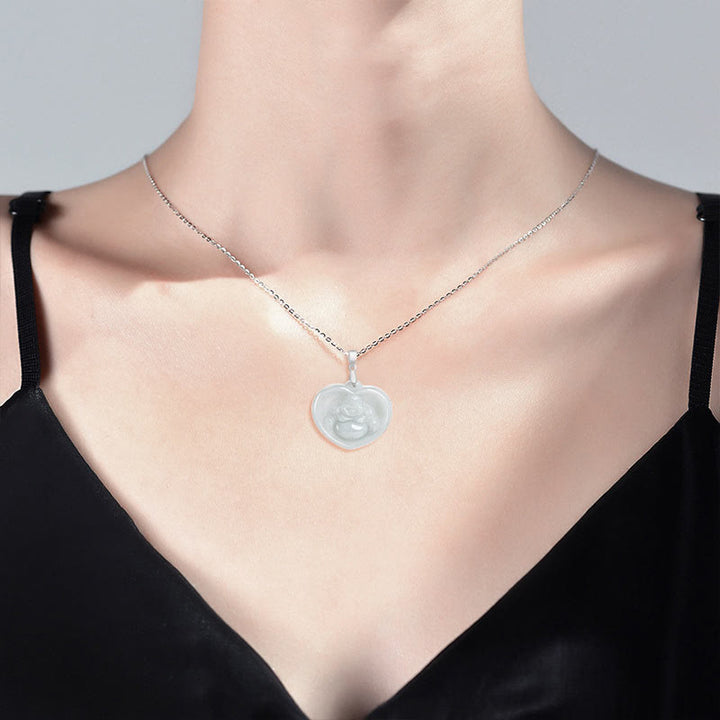 Collar con colgante de cadena de acero de titanio y jade blanco con Buddha Stones sonriente. - image 7