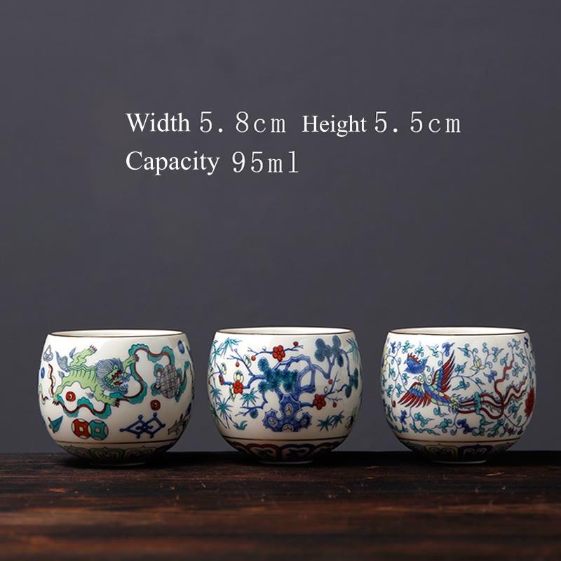 Tazas de té de cerámica con Buddha Stones, Vintage, flor de ciruelo, pino, bambú, Phoenix, Kirin, León, baile