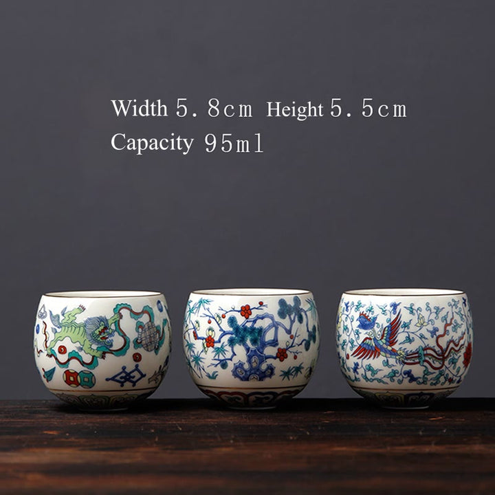 Tazas de té de cerámica con Buddha Stones, Vintage, flor de ciruelo, pino, bambú, Phoenix, Kirin, León, baile