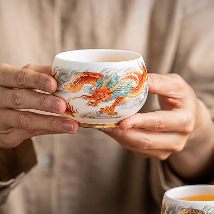 Taza de té de cerámica con caja de regalo, tazas de té de Kung Fu con Buddha Stones , dragón, Fénix, nubes propicias