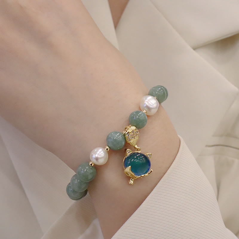 Pulsera de la suerte con dije de zorro que cambia de color con perlas de jade y Buddha Stones