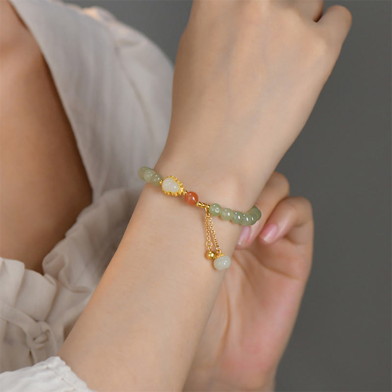 Pulsera de la suerte de la abundancia del loto de la calabaza del jade hetiano de plata de ley 925