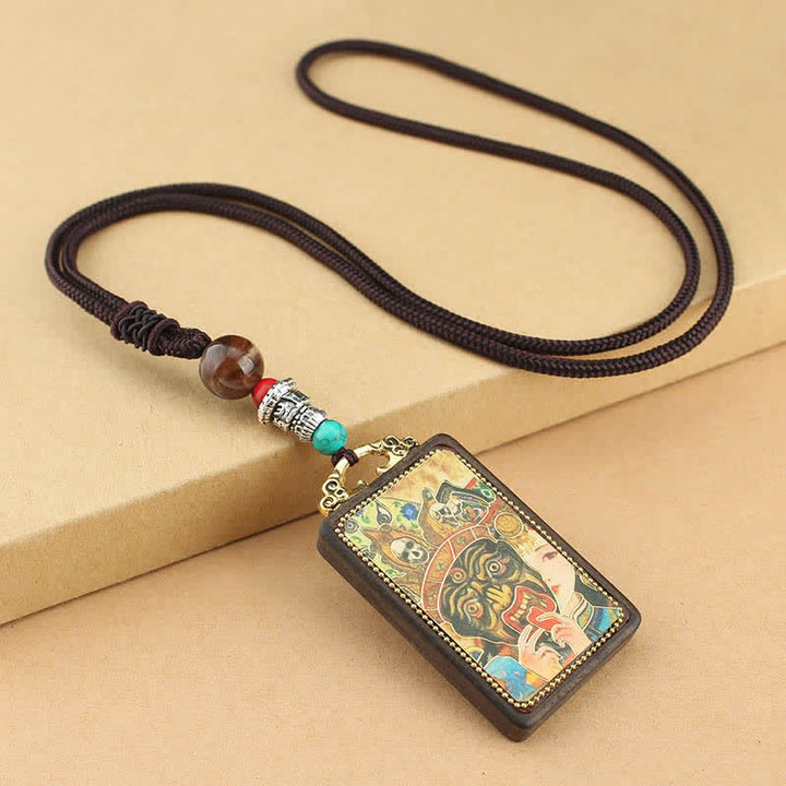 Colgante de collar de paz de ébano Thangka, dios de la riqueza del Tíbet, Buddha Stones