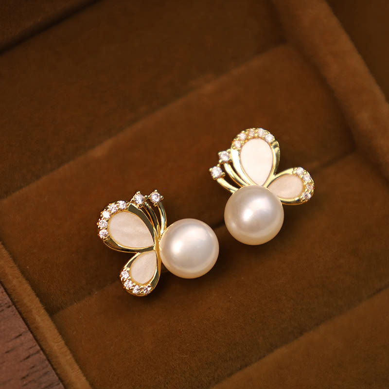 Pendientes de tuerca curativos con Buddha Stones, postes de plata de ley 925, cobre chapado en oro de 18 quilates, perlas naturales, mariposa y circonita