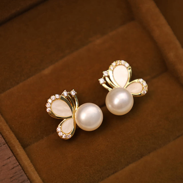 Pendientes de tuerca curativos con Buddha Stones, postes de plata de ley 925, cobre chapado en oro de 18 quilates, perlas naturales, mariposa y circonita