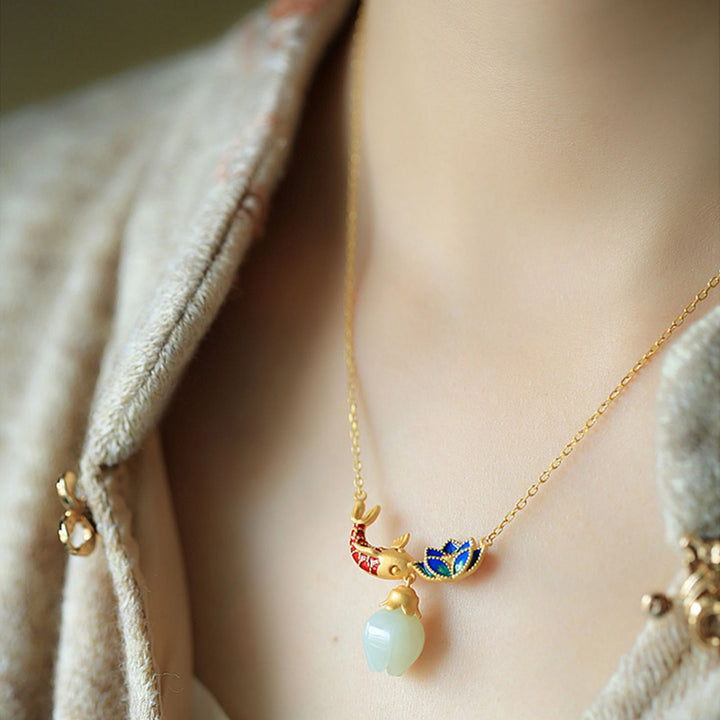 Collar con colgante de plata de ley 925 con Buddha Stones , jade blanco, pez koi y loto - image 4