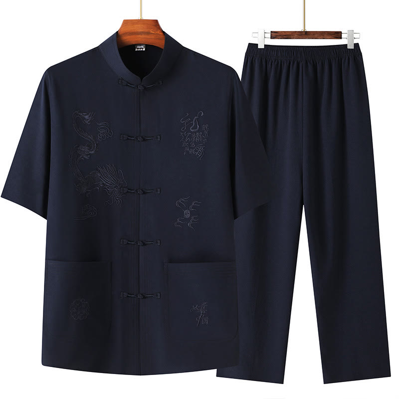 Traje Tang de Buddha Stones Hanfu dragón chino uniforme de kungfú tradicional camisetas y pantalones de manga corta conjunto de ropa para hombre - Azul marino - US/UK/AU44, EU54 (4XL) - image 0