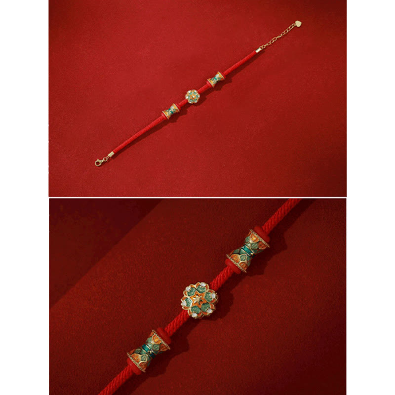Pulsera de cuerda roja de nuevo comienzo con tambor de loto de Plata de Ley 925 de Buddha Stones Dunhuang