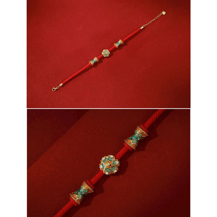 Pulsera de cuerda roja de nuevo comienzo con tambor de loto de Plata de Ley 925 de Buddha Stones Dunhuang