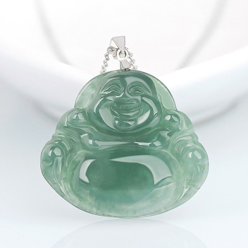 Buddha Stones de plata de ley 925 con colgante de cadena y collar de protección de jade de Buda sonriente - Jade - image 1