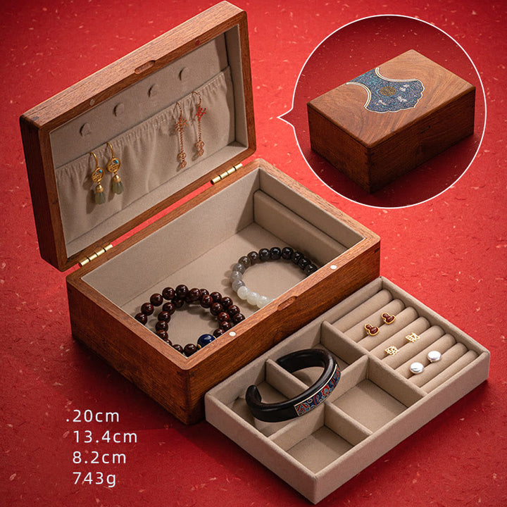 Caja organizadora de regalo de madera, caja de almacenamiento de joyería de palisandro hecha a mano con hoja de flor antigua