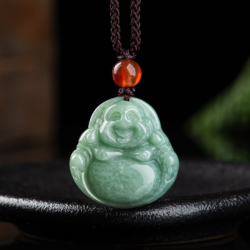 Buddha Stones Buda sonriente Jade cian Collar de éxito Colgante de cadena - Jade cian - image 1