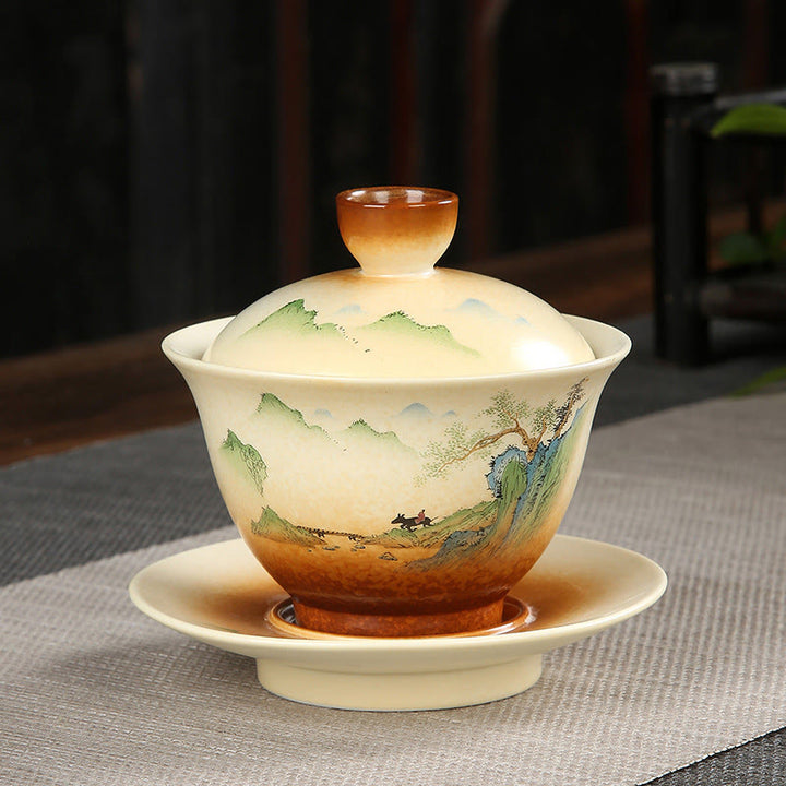 Taza de té y platillo con tapa, cerámica Gaiwan Sancai, paisaje de montaña, Buddha Stones, Kung Fu