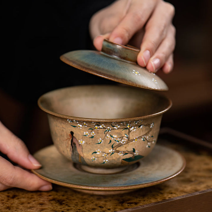 Buddha Stones Jingdezhen Pintado A Mano Ru Horno Porcelana Hanfu Niña Flor Cerámica Gaiwan Sancai Taza De Té Kung Fu Taza De Té Y Platillo Con Tapa