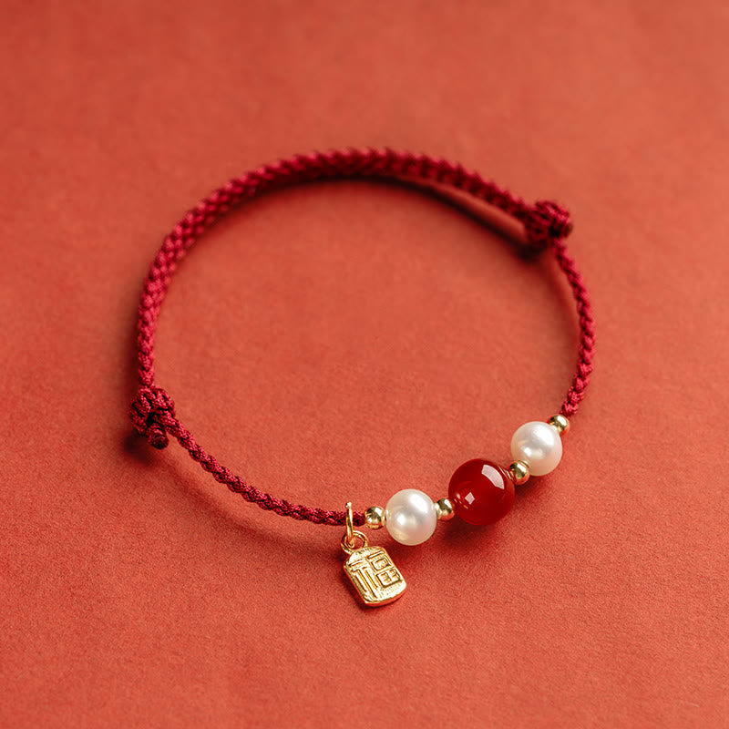 Pulsera trenzada de hilo rojo con perlas de ágata y carácter de buena fortuna de plata de ley 925 con Buddha Stones