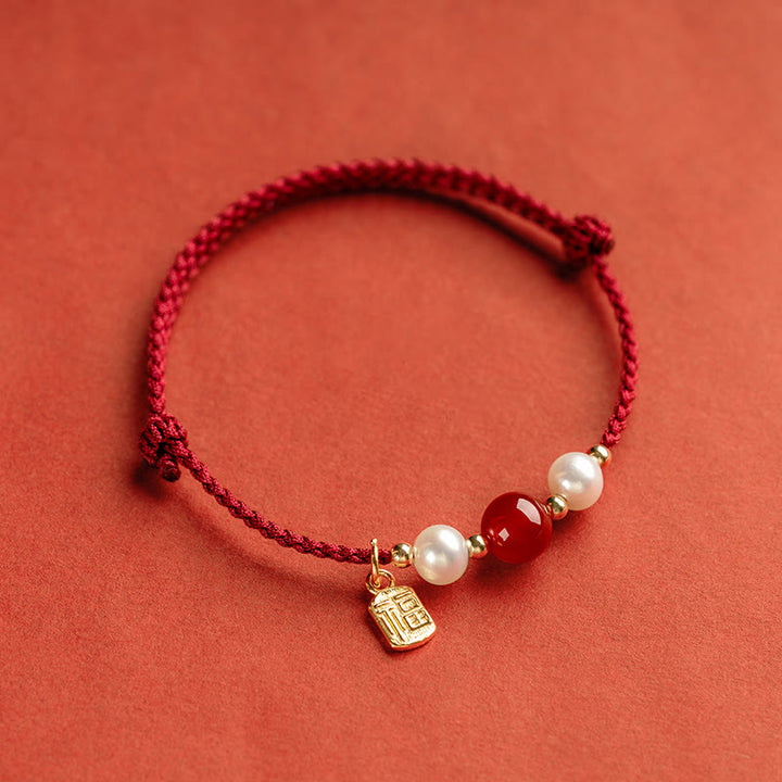 Pulsera trenzada de hilo rojo con perlas de ágata y carácter de buena fortuna de plata de ley 925 con Buddha Stones