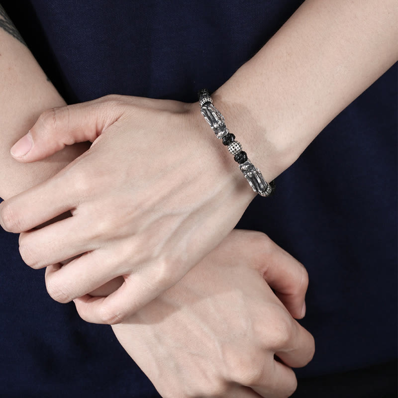Pulsera trenzada hecha a mano con doble suerte de dragón de plata de ley 999 con Buddha Stones