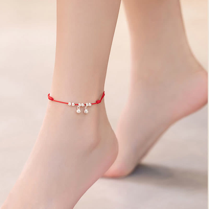 Tobillera con dije de campana trenzada con hilo rojo de plata de ley 925 con Buddha Stones