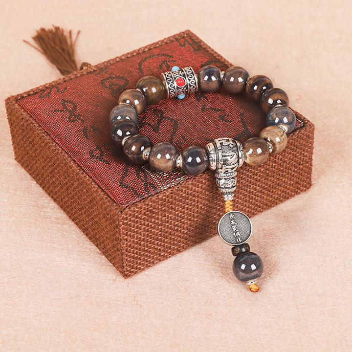 Buddha Stones Tíbet Om Mani Padme Hum Rueda de oración Dorje Vajra Pulsera de sabiduría con cuentas de vidrio grabadas