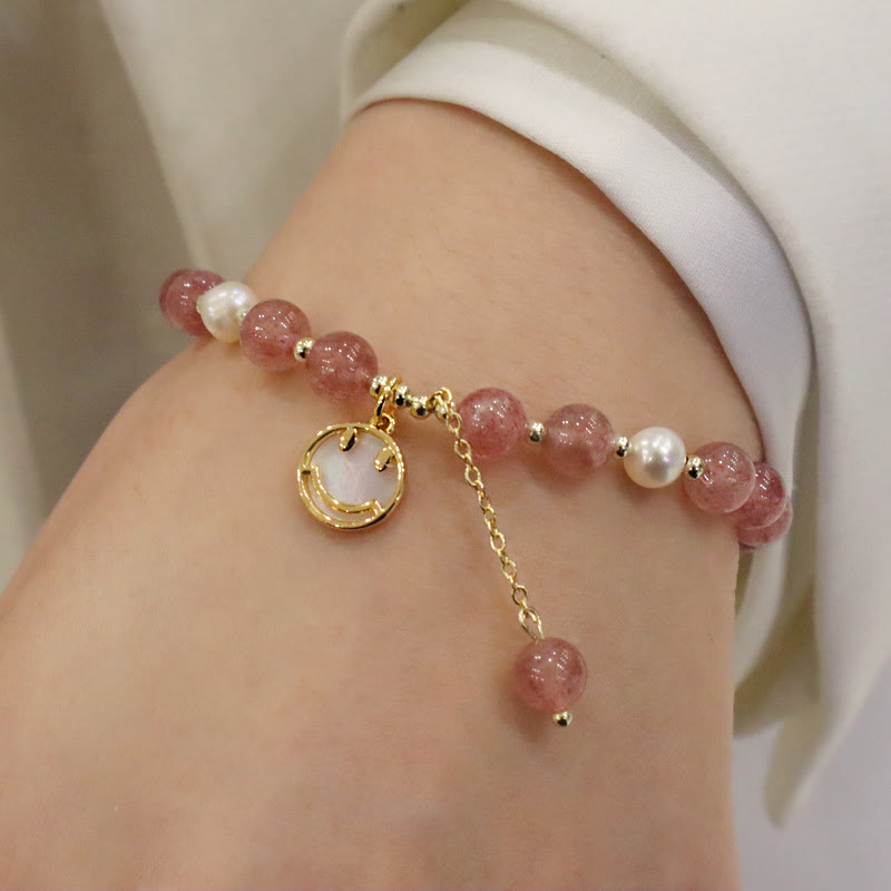 Pulsera curativa con dije de personaje Fu de cola de pez con cara sonriente de alce y perlas de cuarzo fresa con Buddha Stones