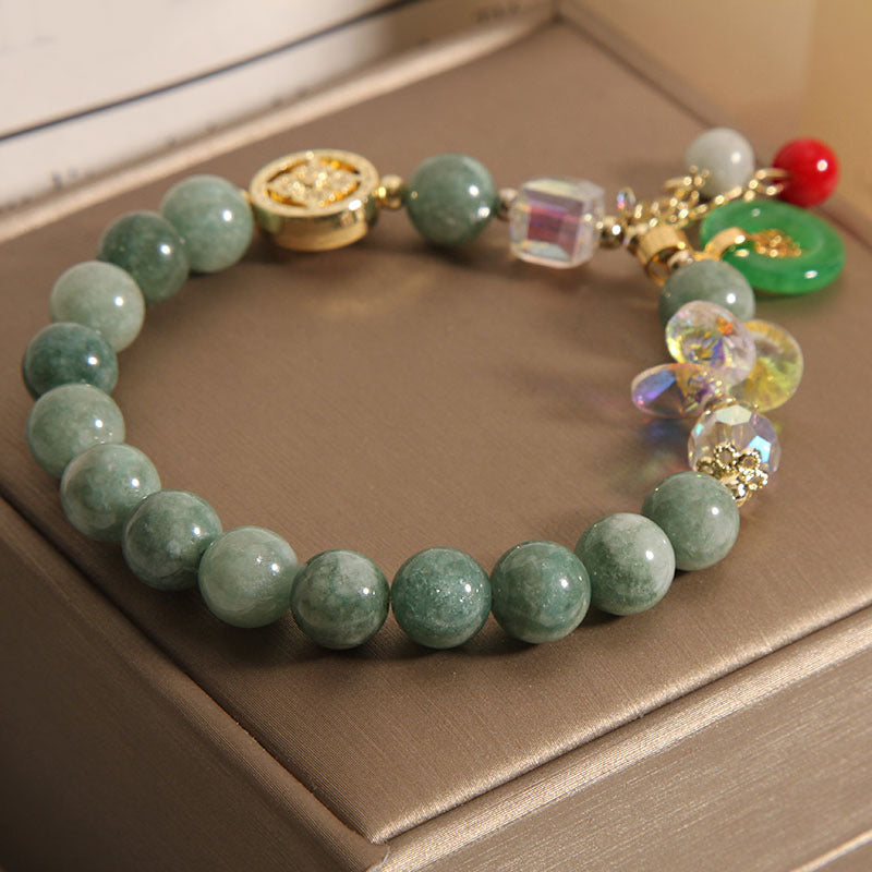 Pulsera curativa con dije de personaje Fu de jade, cuarzo fresa y piedras de Buddha Stones