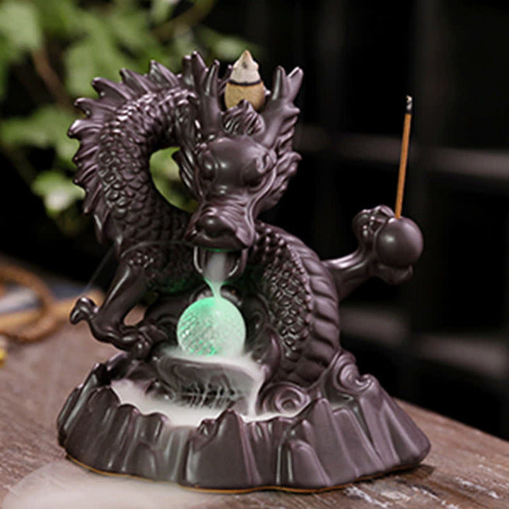 Quemador de incienso curativo para meditación, fuente de humo de reflujo de cerámica de dragón auspicioso, decoración de bola Led