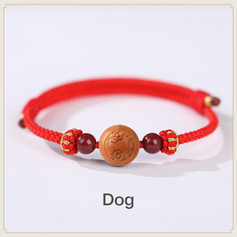 Pulsera de riqueza de cinabrio tallada con carácter del zodíaco chino, madera de melocotón Natural, Buddha Stones