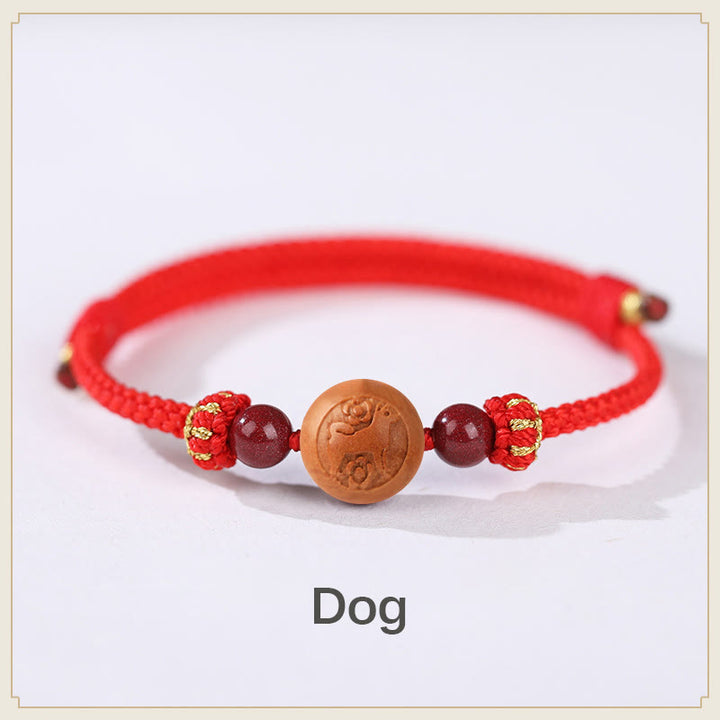 Pulsera de riqueza de cinabrio tallada con carácter del zodíaco chino, madera de melocotón Natural, Buddha Stones