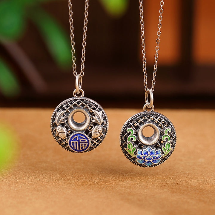 Collar con colgante de plata de ley 999 con Buddha Stones , diseño de pez Koi Fu con hebilla de loto y paz