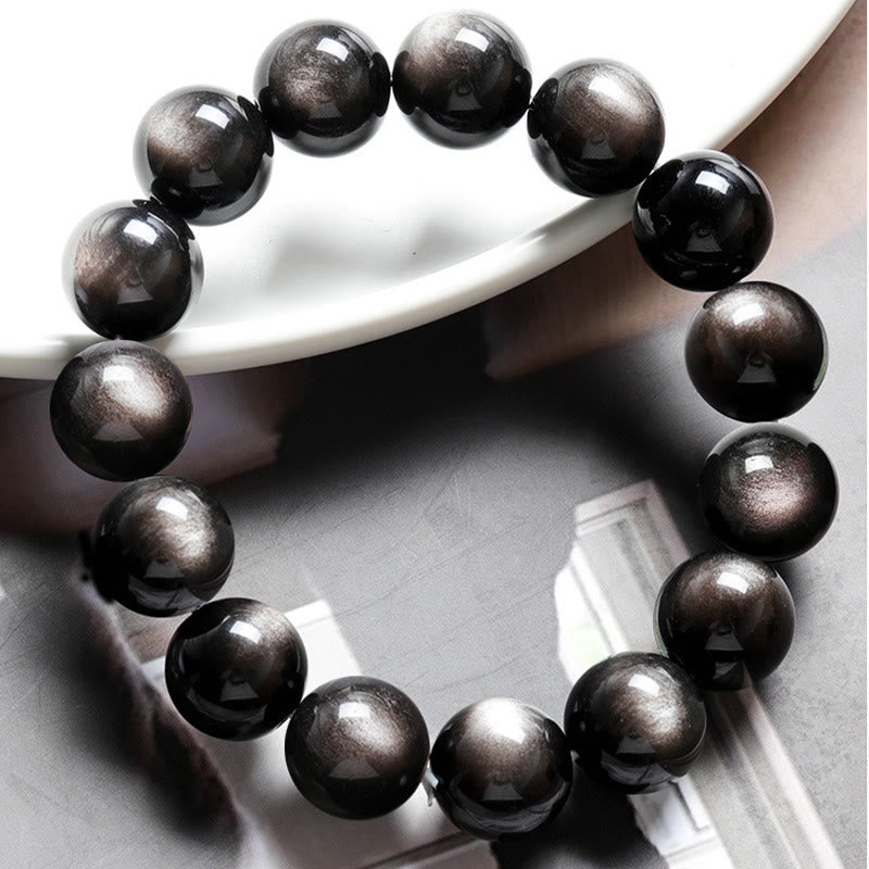 Pulsera de protección calmante de obsidiana brillante de plata natural con Buddha Stones