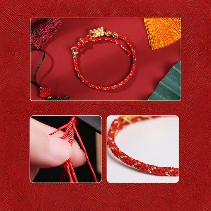 Pulsera trenzada de hilo rojo con nudo de ocho hilos de la suerte del dragón hecha a mano de plata de ley 999 con Buddha Stones