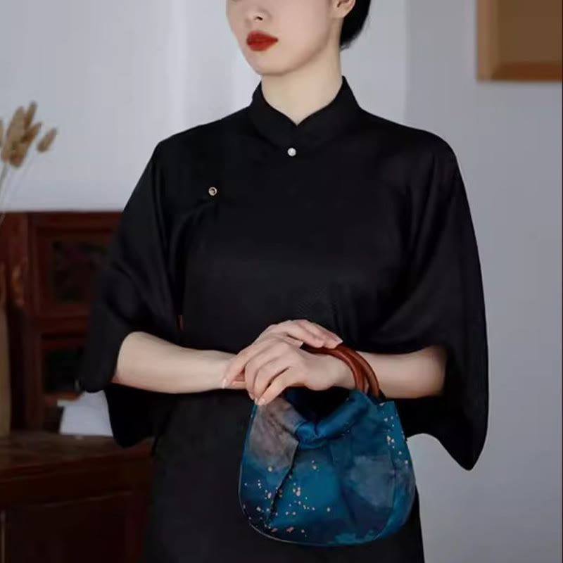 Bolso de mano con asa de madera azul con flor de jacquard hecho a mano con Buddha Stones