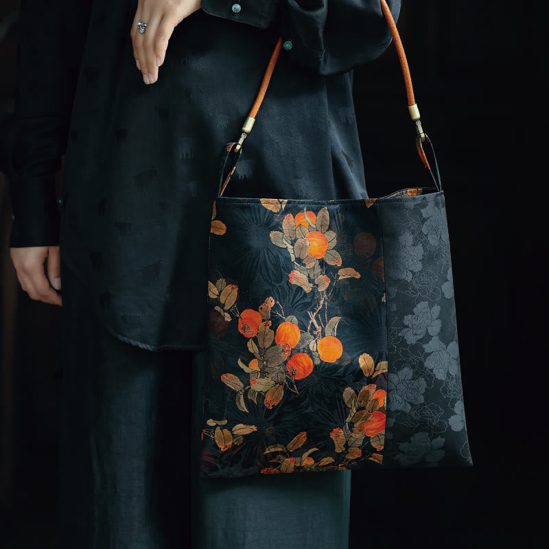 Bolso de hombro con Buddha Stones, hojas de bambú, flor, mariposa, caqui