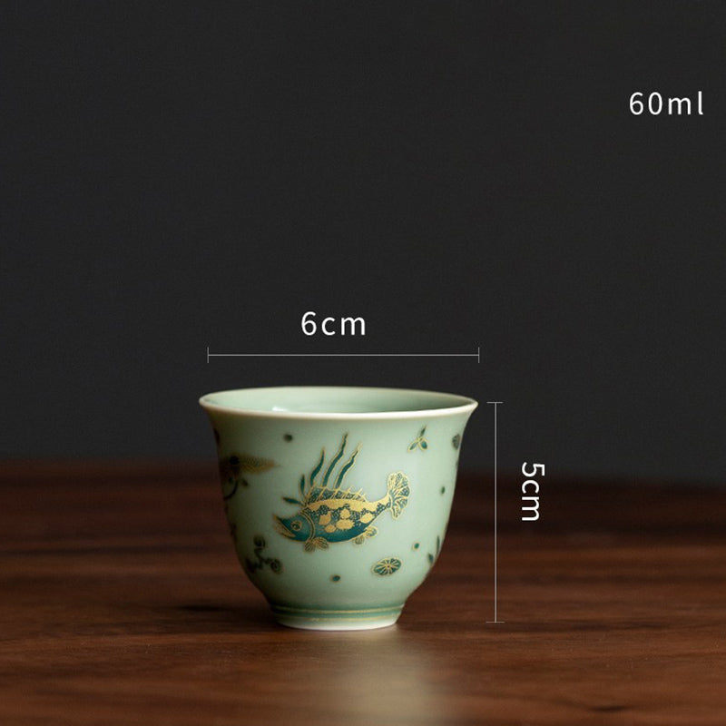 Buddha Stones de porcelana verde, mariposa, flor, salmón, pescado, cerámica, Gaiwan Sancai, taza de té de Kung Fu y platillo con tapa