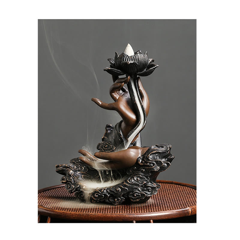 Quemador de incienso de reflujo de resina para meditación, diseño de nubes propicias, mano de Buda de loto, Buddha Stones
