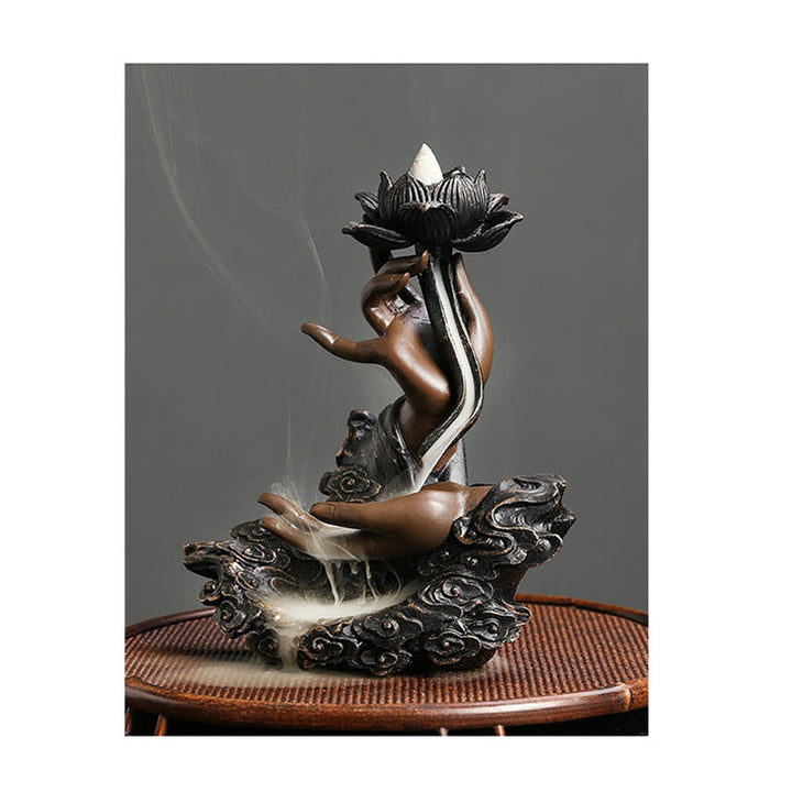 Quemador de incienso de reflujo de resina para meditación, diseño de nubes propicias, mano de Buda de loto, Buddha Stones