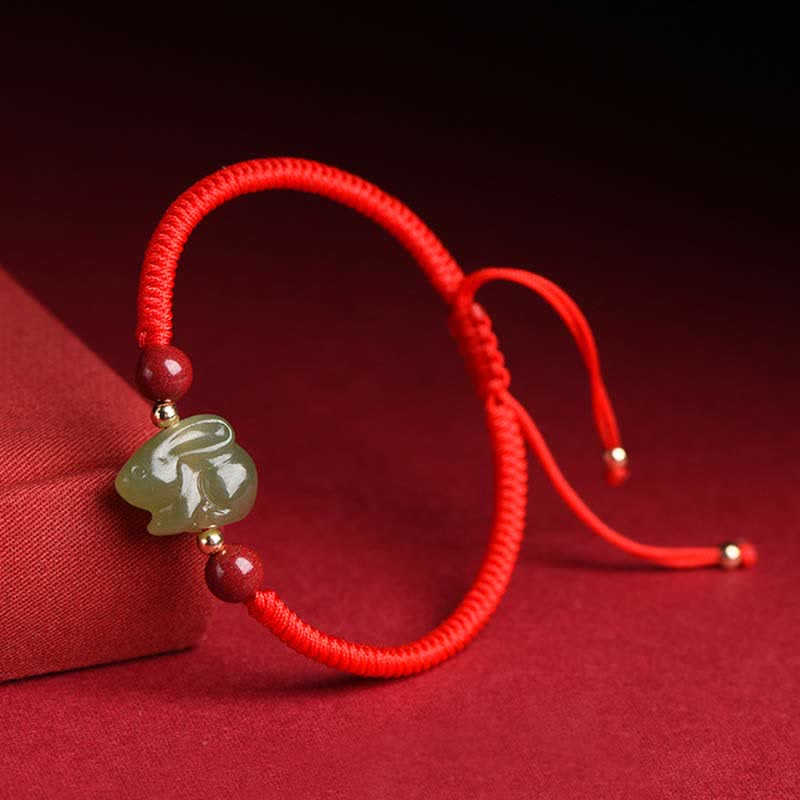 Año del Conejo Hetian Jade Bunny Cinabrio Con Cuentas Pulsera de Hilo de Abundancia