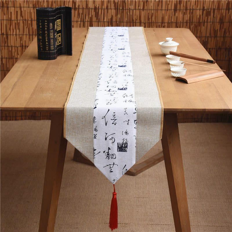 Camino de mesa con borlas de lino y algodón, Buddha Stones, estilo chino clásico, loto, pez Koi, flor, grulla, caligrafía, iluminación