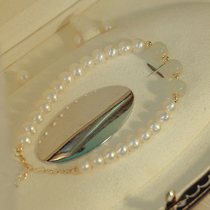 Pulsera de cadena de cuentas de sinceridad de jade blanco de jade cian hetiano de perlas naturales chapadas en oro de 14 quilates