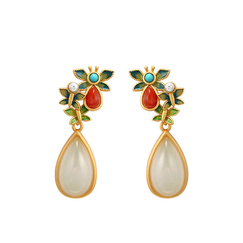 Pendientes colgantes con forma de gota de agua , Buddha Stones , Jade blanco, ágata roja, mariposa