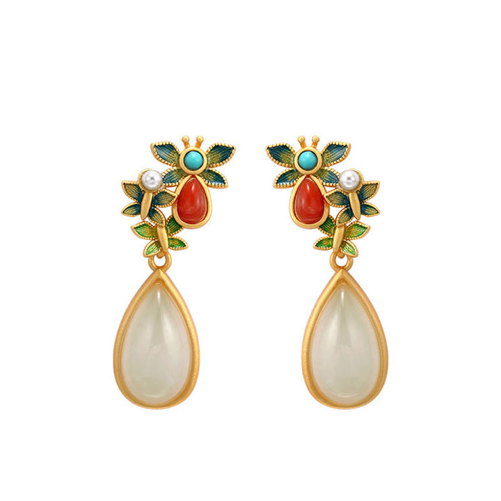 Pendientes colgantes con forma de gota de agua , Buddha Stones , Jade blanco, ágata roja, mariposa