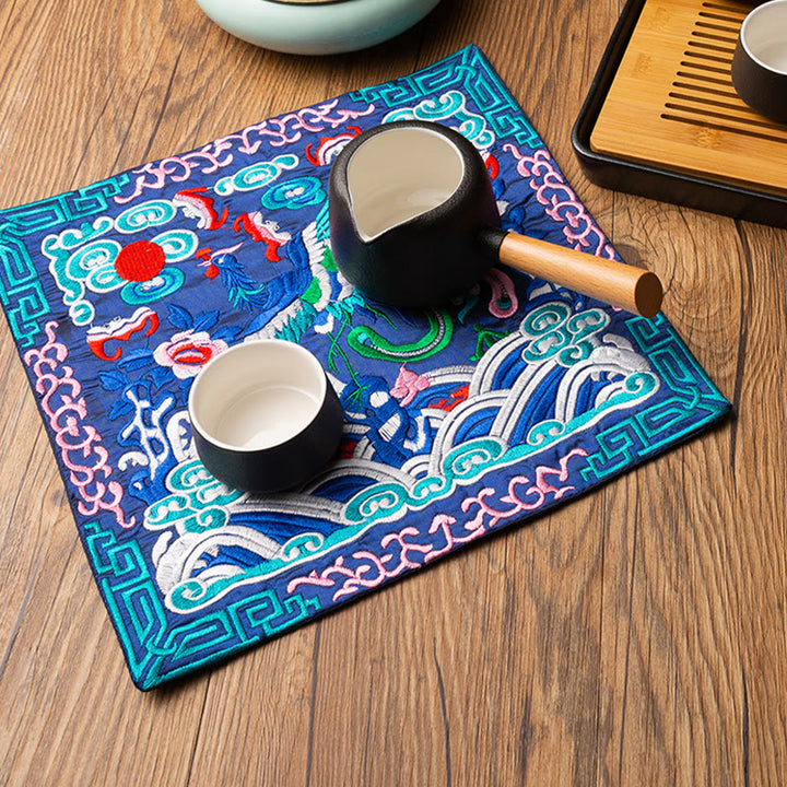 Alfombrilla para taza bordada con Buddha Stones , dragón Fénix, Kirin, posavasos para taza de té, tapete para té Kung Fu