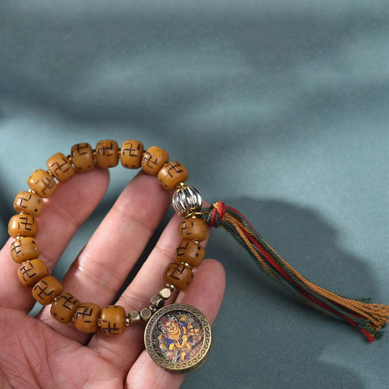 Buddha Stones, hueso de camello tibetano Natural, esvástica, cuentas Dzi, amuleto de Buda Shankha, Kirtimukha, pulsera con borla de protección de la suerte
