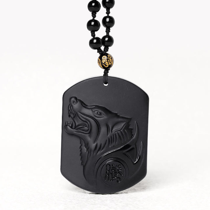 Collar con colgante de purificación de lobo de piedra de obsidiana negra con Buddha Stones