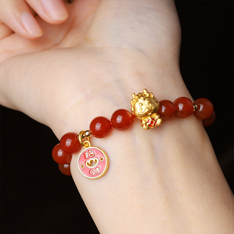 Buddha Stones Año del Dragón Ágata Roja Natural Moneda de Cobre Atraer Pulsera de la Fortuna