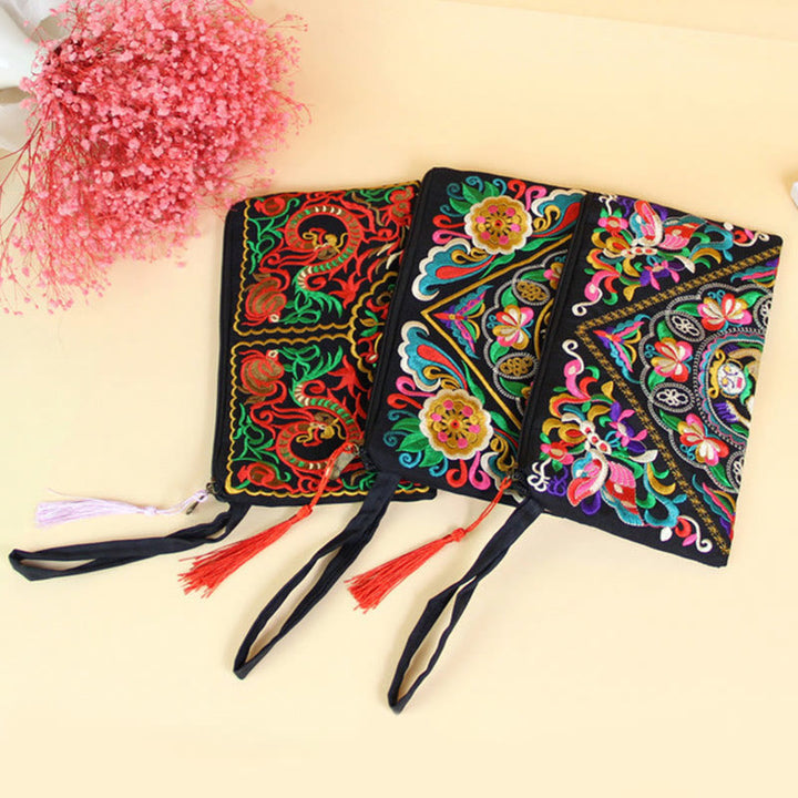 Cartera de compras con bordado de flores de Buddha Stones, dragón, mariposa, cosmos