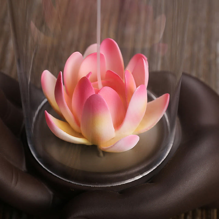 Buddha Stones, mano de Buda, iluminación de loto, luz LED, decoración de quemador de incienso de cerámica de arcilla púrpura
